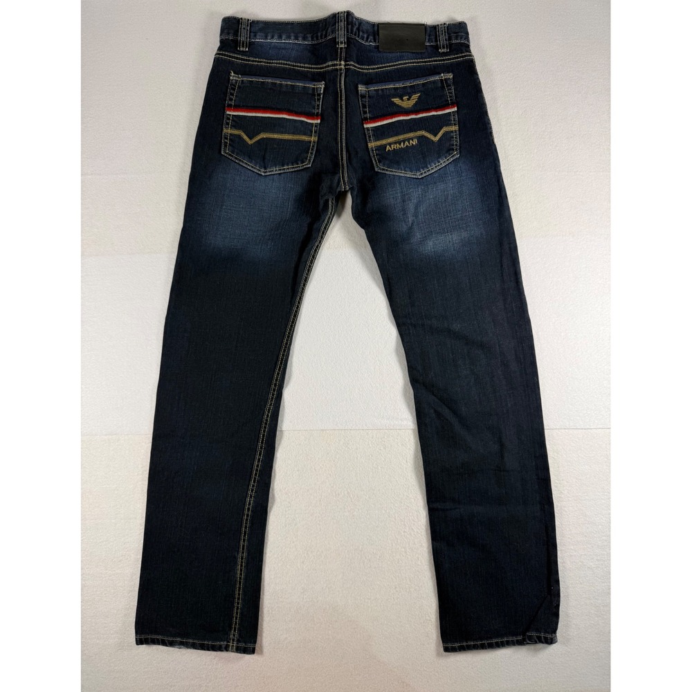 Emporio Armani Milano Mens Dark Wash Straight Leg Jeans Size 32 Gold Eagle Logo